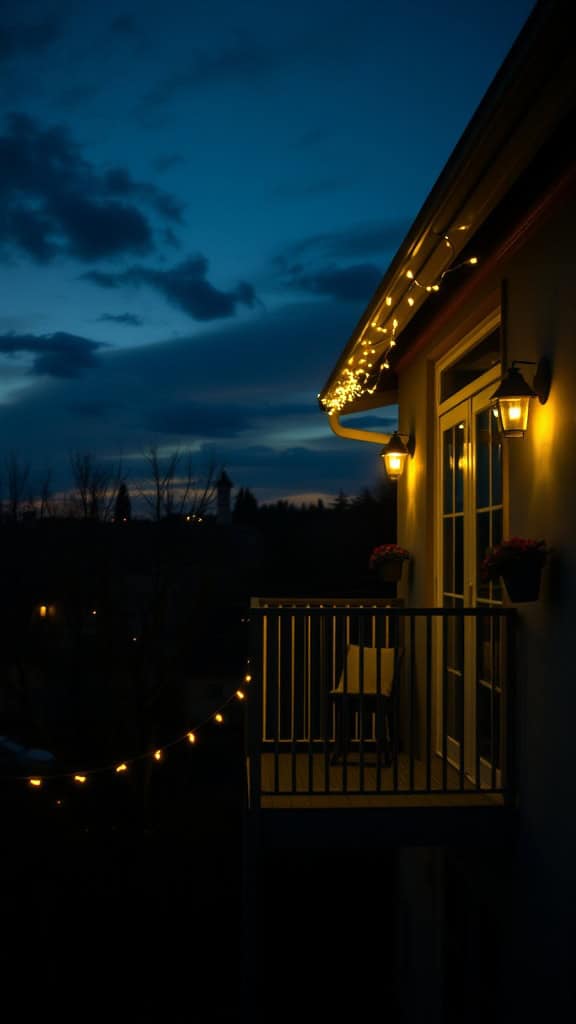 A balcony with string lights and glowing accents, creating a cozy evening atmosphere.