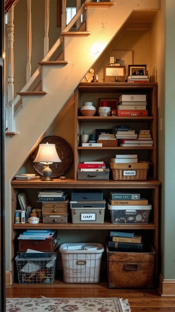 Under-stair storage with wooden shelves filled with boxes, books, and a lamp