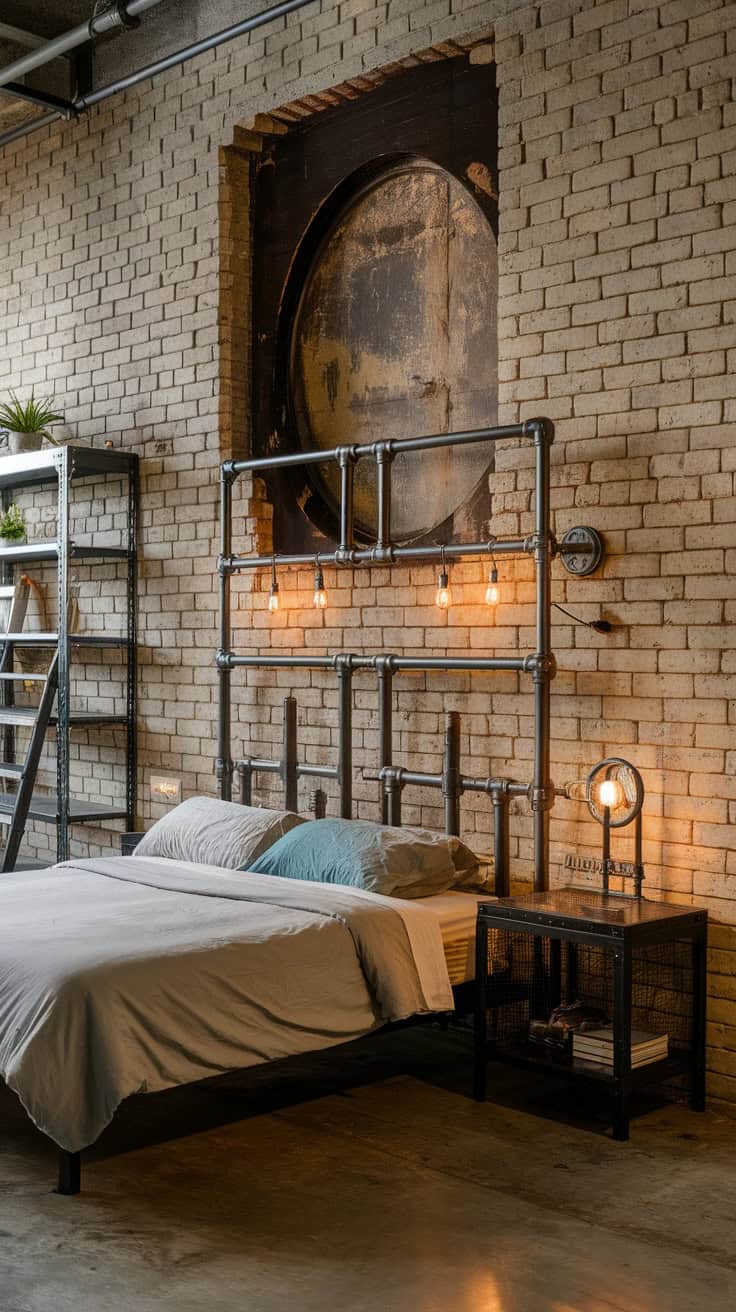 A cozy bedroom featuring a metal pipe headboard with hanging lights, set against a brick wall.
