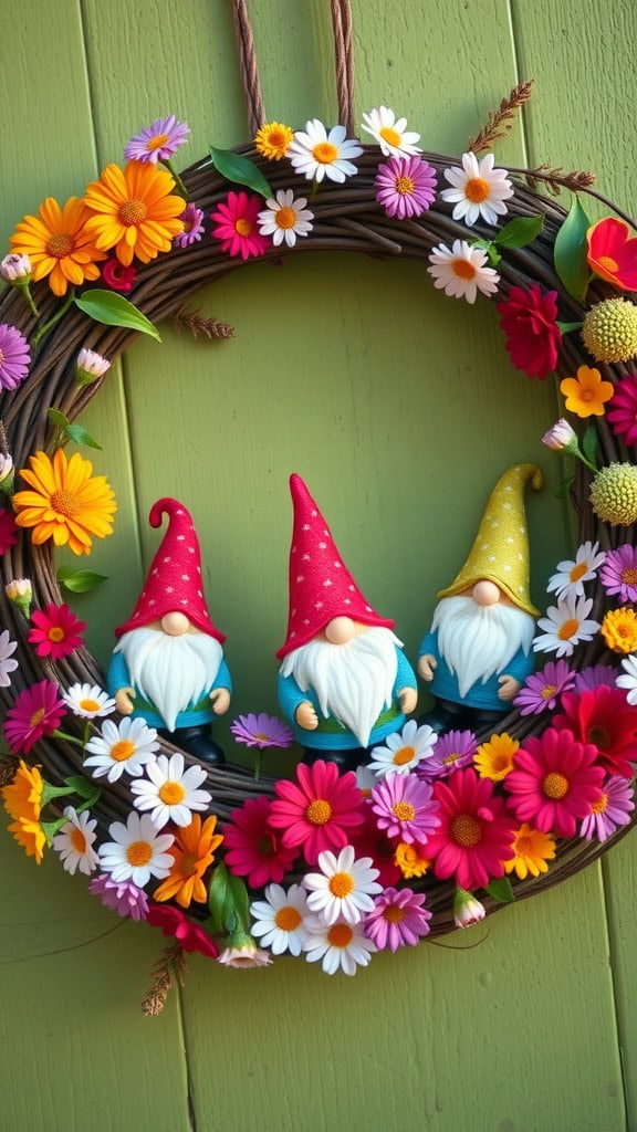 A colorful spring wreath featuring mini garden gnomes and vibrant flowers.