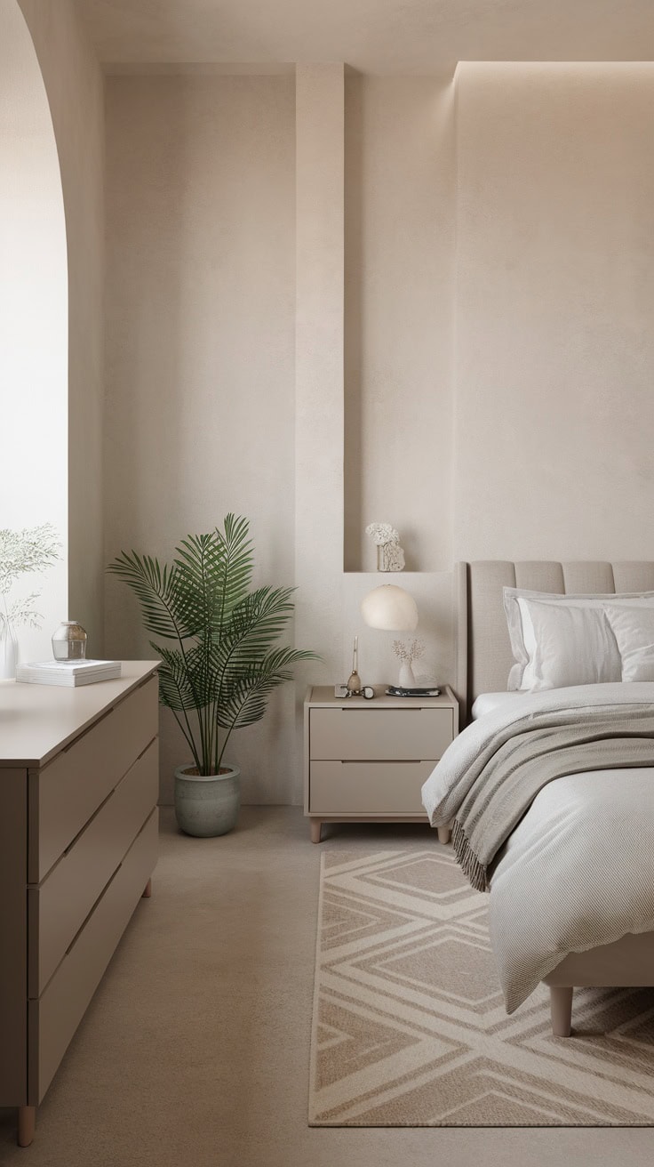 A minimalist bedroom with soft colors, a plant, and simple furniture.