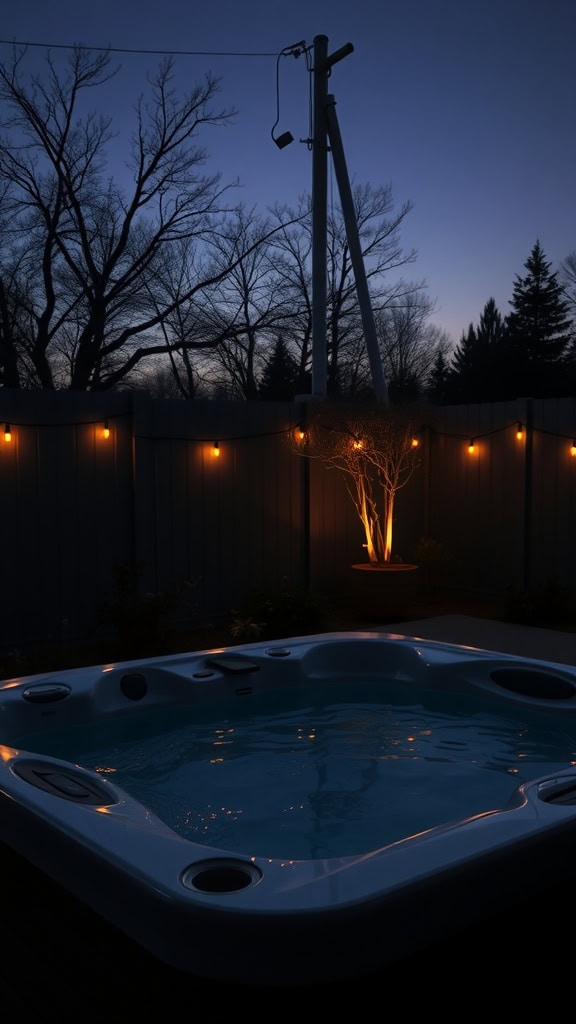 A serene backyard hot tub area illuminated with warm string lights and a small tree, creating a cozy evening ambiance.