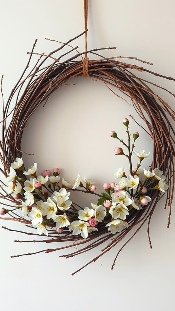 A wreath made of natural twigs and colorful blooms, hanging on a wall.