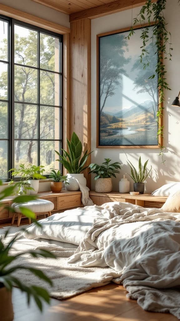A cozy, nature-inspired bedroom with plants, natural light, and soft bedding.