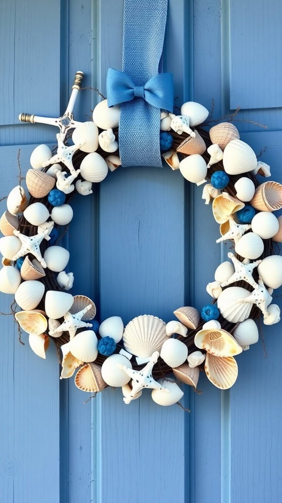 Nautical blue and white wreath with seashells and a blue bow
