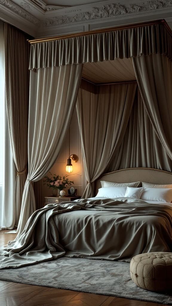 Elegant canopy bed with soft drapes and cozy bedding in a luxurious bedroom.