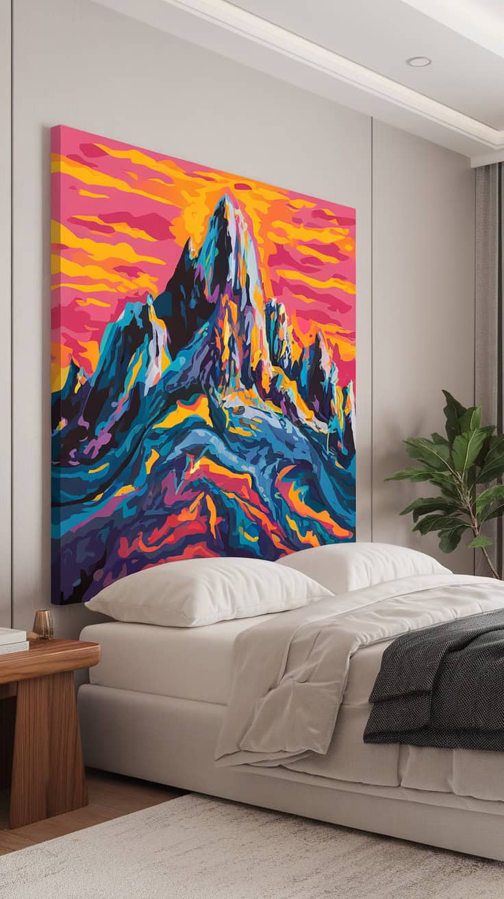 A colorful painted canvas headboard in a modern bedroom setting.