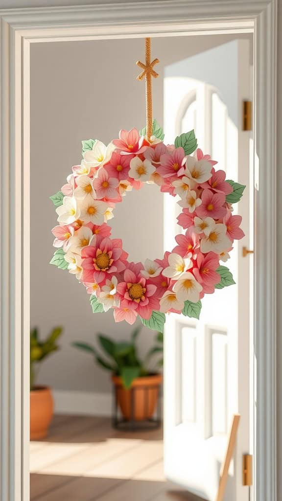 Pastel paper flower wreath hanging on a door