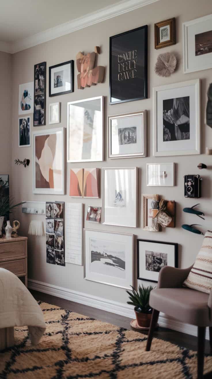 A stylish gallery wall featuring a mix of pictures, art, and decorative items.