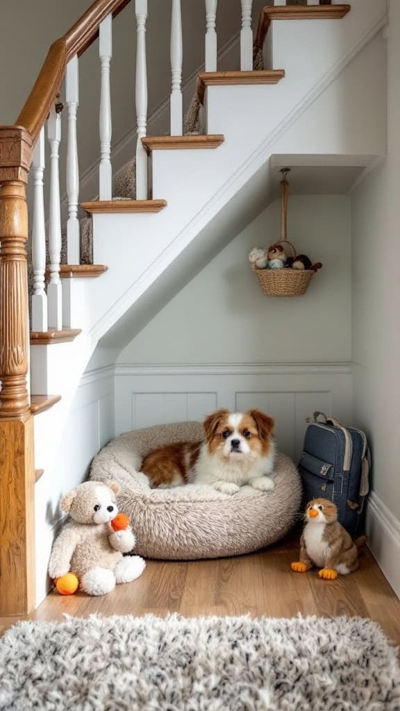 A cozy pet hideaway under the stairs with a dog resting on a plush bed surrounded by toys.
