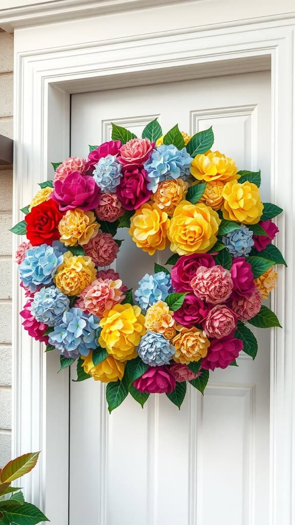 A colorful wreath made of hydrangeas and other flowers, hanging on a white door.
