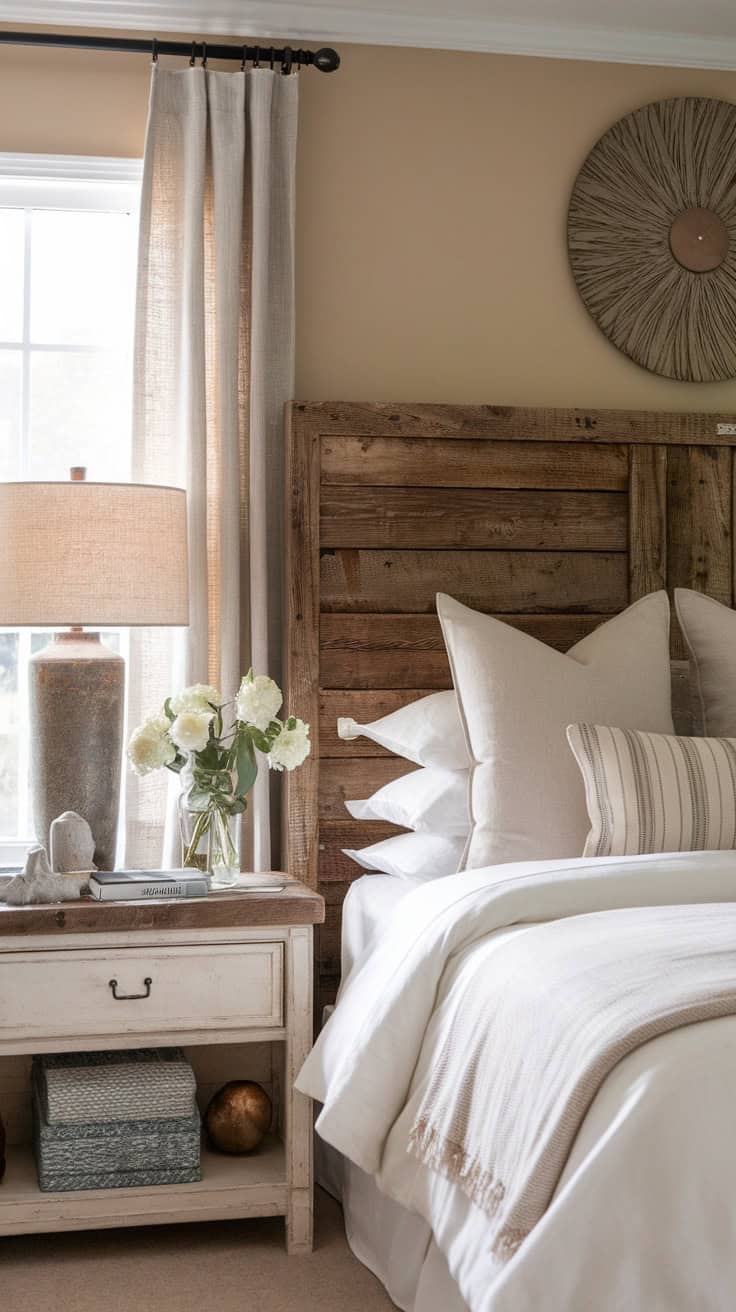 Cozy bedroom featuring a reclaimed barn wood headboard and a bedside table with flowers and a lamp.
