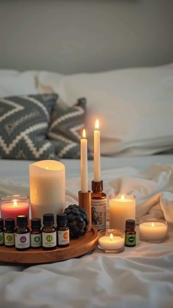 A cozy bedside table arrangement featuring candles and essential oils.