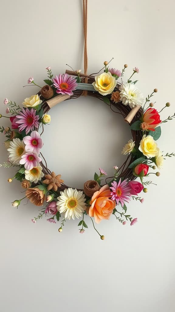 A beautiful spring wreath adorned with colorful flowers and natural elements.