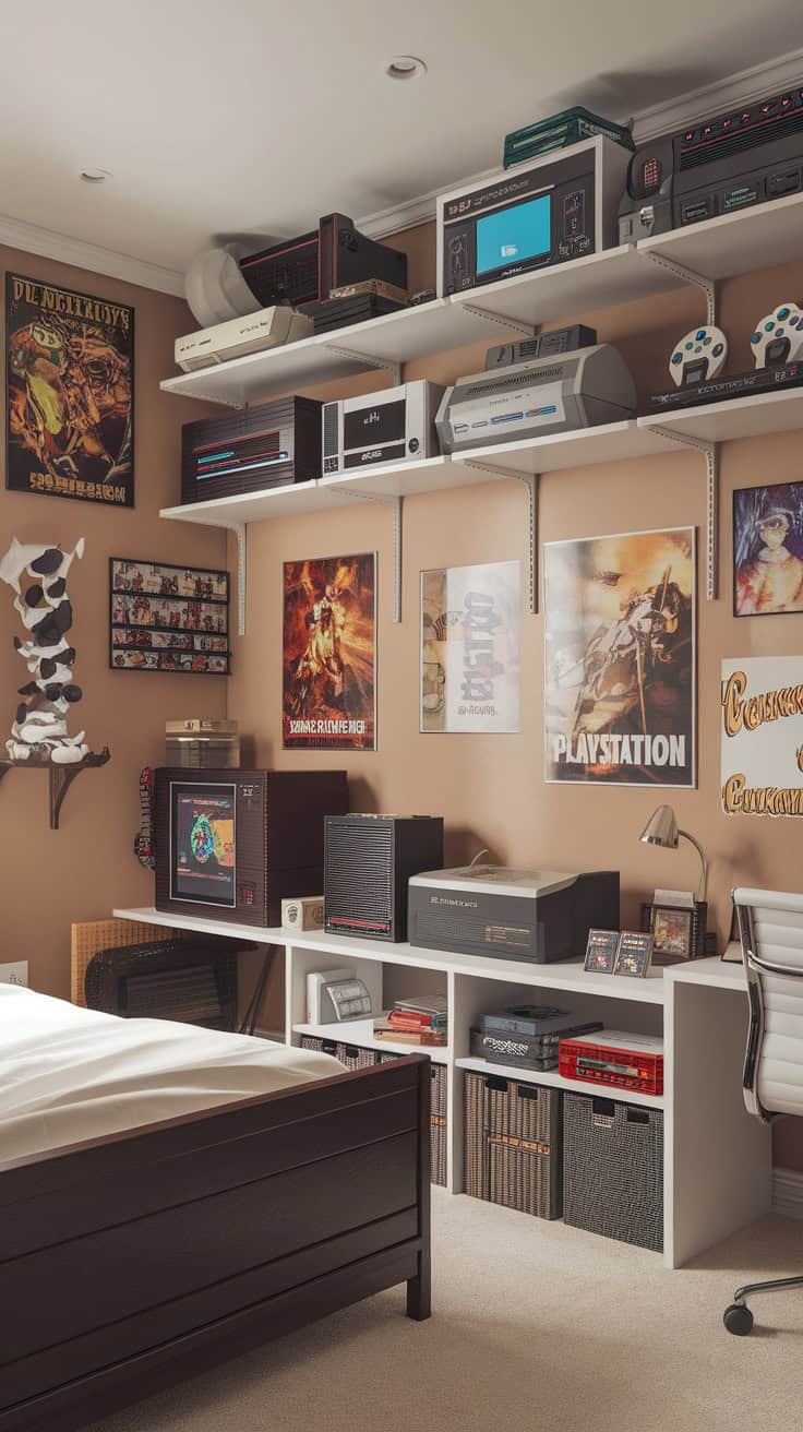 A retro-themed bedroom with classic gaming consoles, posters, and a cozy bed.