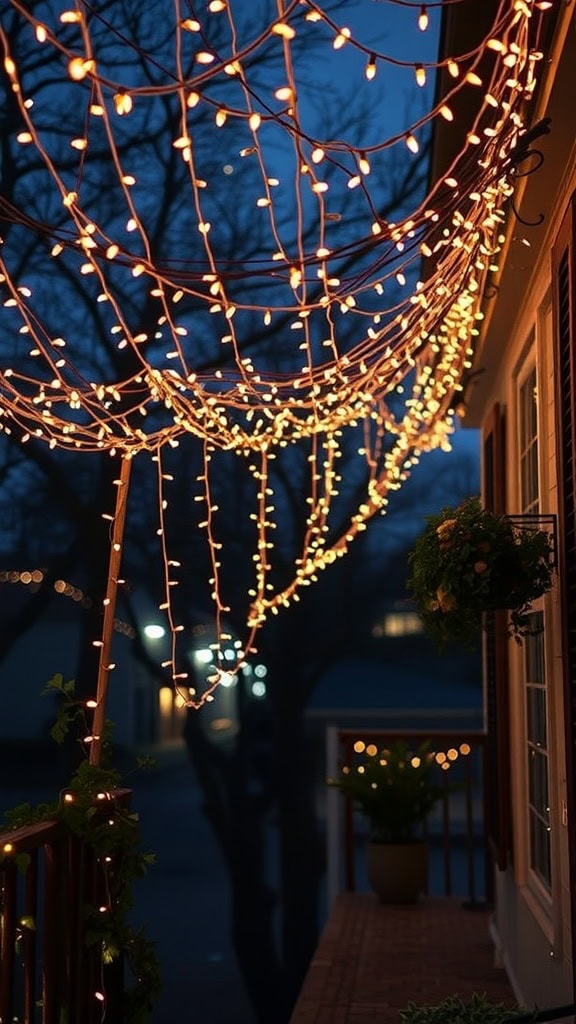 A balcony adorned with a canopy of warm fairy lights, creating a cozy and romantic atmosphere.