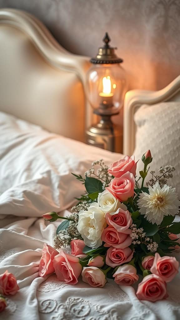 A cozy bedside table arrangement featuring soft florals and a warm lamp.