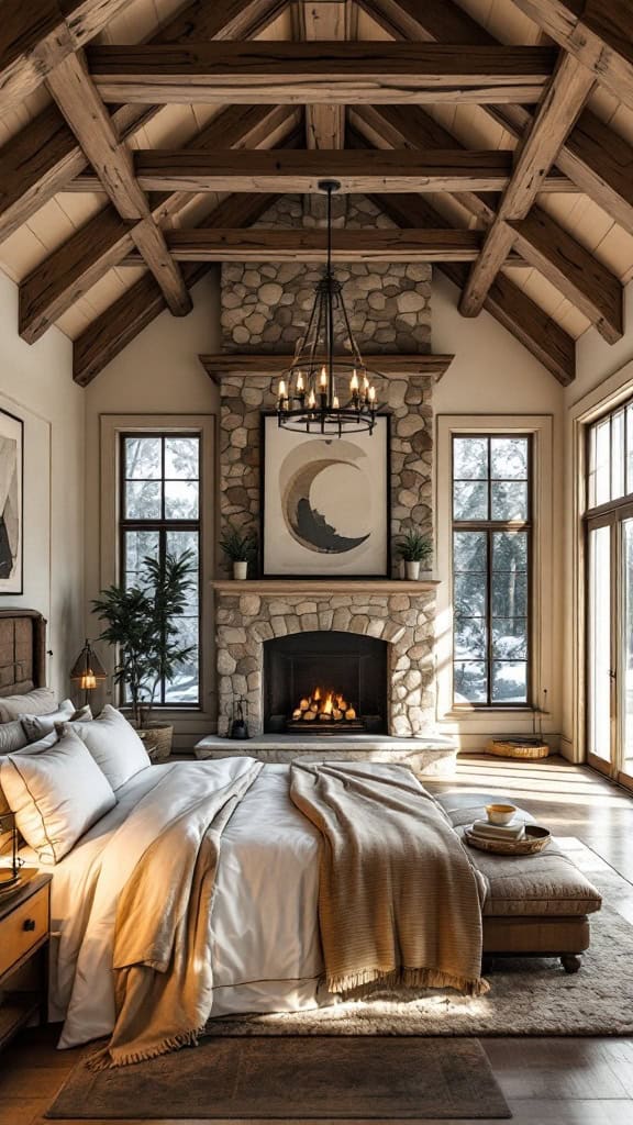 A cozy luxury bedroom with wooden beams, stone fireplace, and elegant decor.