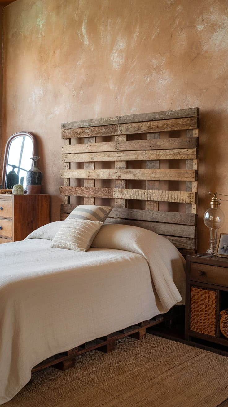 A rustic pallet wood headboard in a cozy bedroom setting.