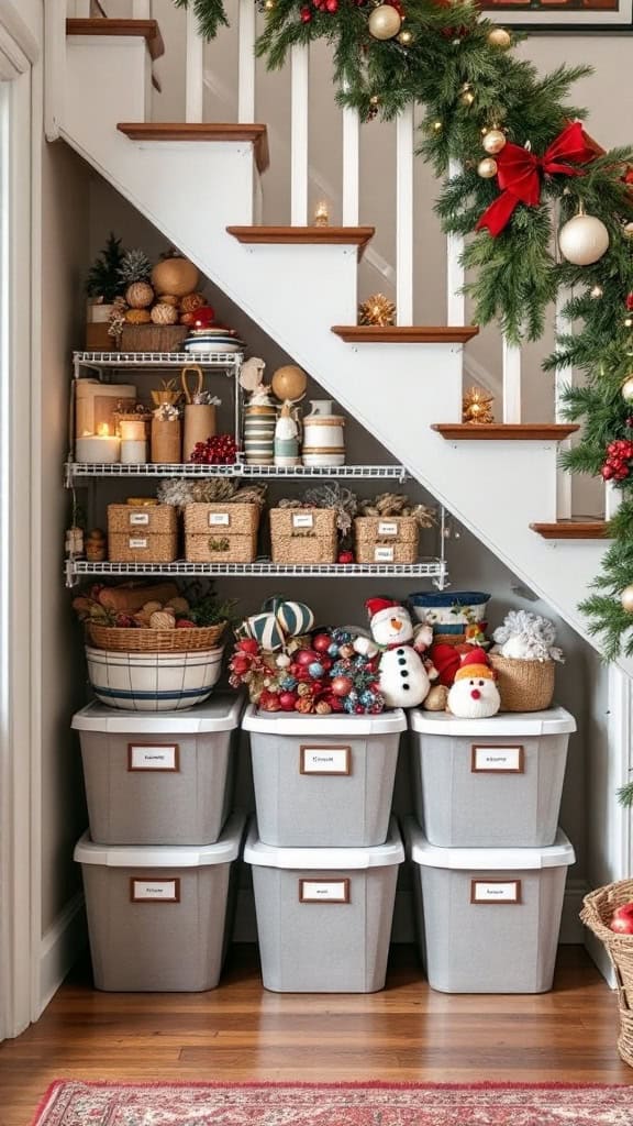 Under-stair storage with labeled bins and decorative items for different seasons