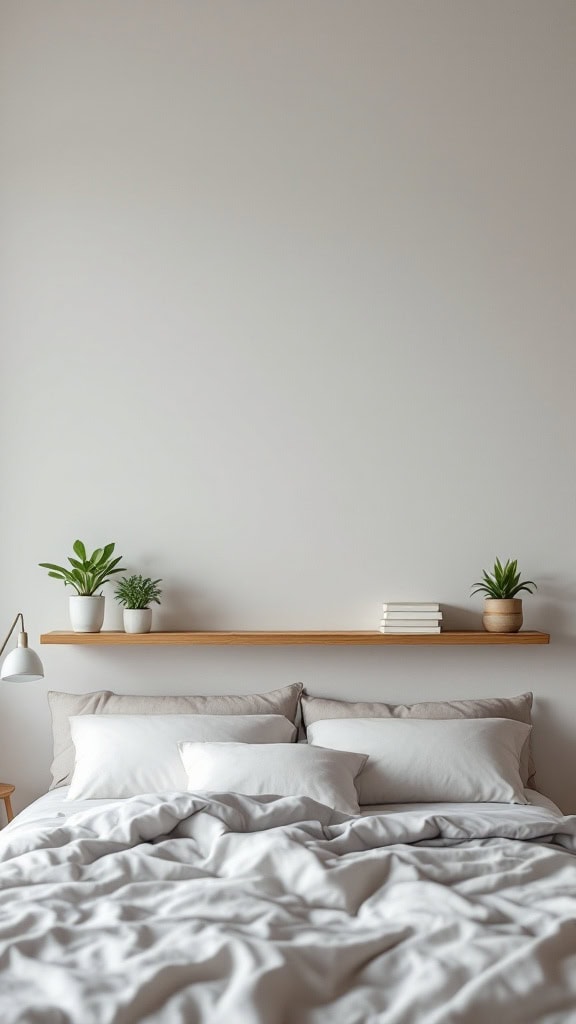 Cozy bedroom with a simple floating shelf headboard and decorative items