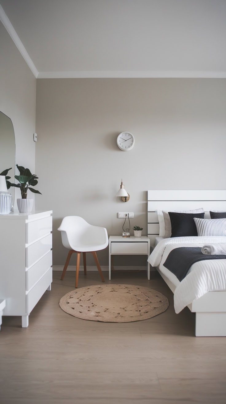 A modern teen bedroom featuring a white bed, dresser, and minimalist decor.