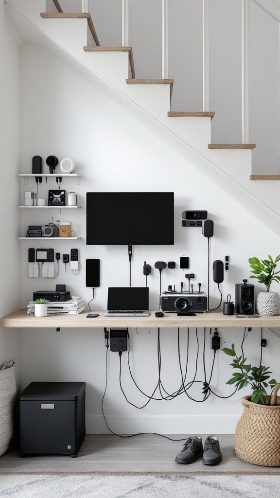 Under-stair tech station with charging and storage solutions