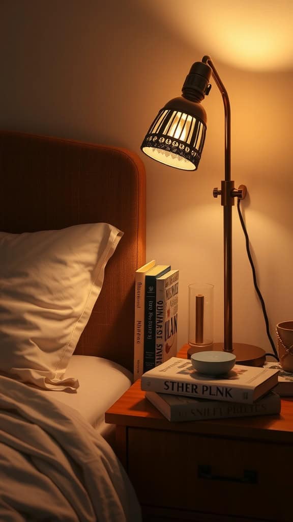 A cozy bedside table with a stylish lamp, stacked books, and a decorative bowl.