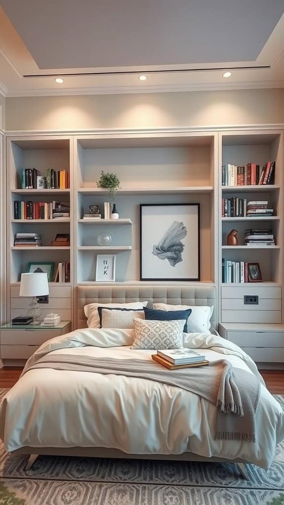 Modern luxury bedroom featuring built-in shelving with books and decor.