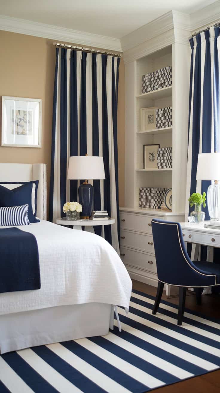 A stylish bedroom with navy and white decor, featuring a bed, desk, and patterned curtains.