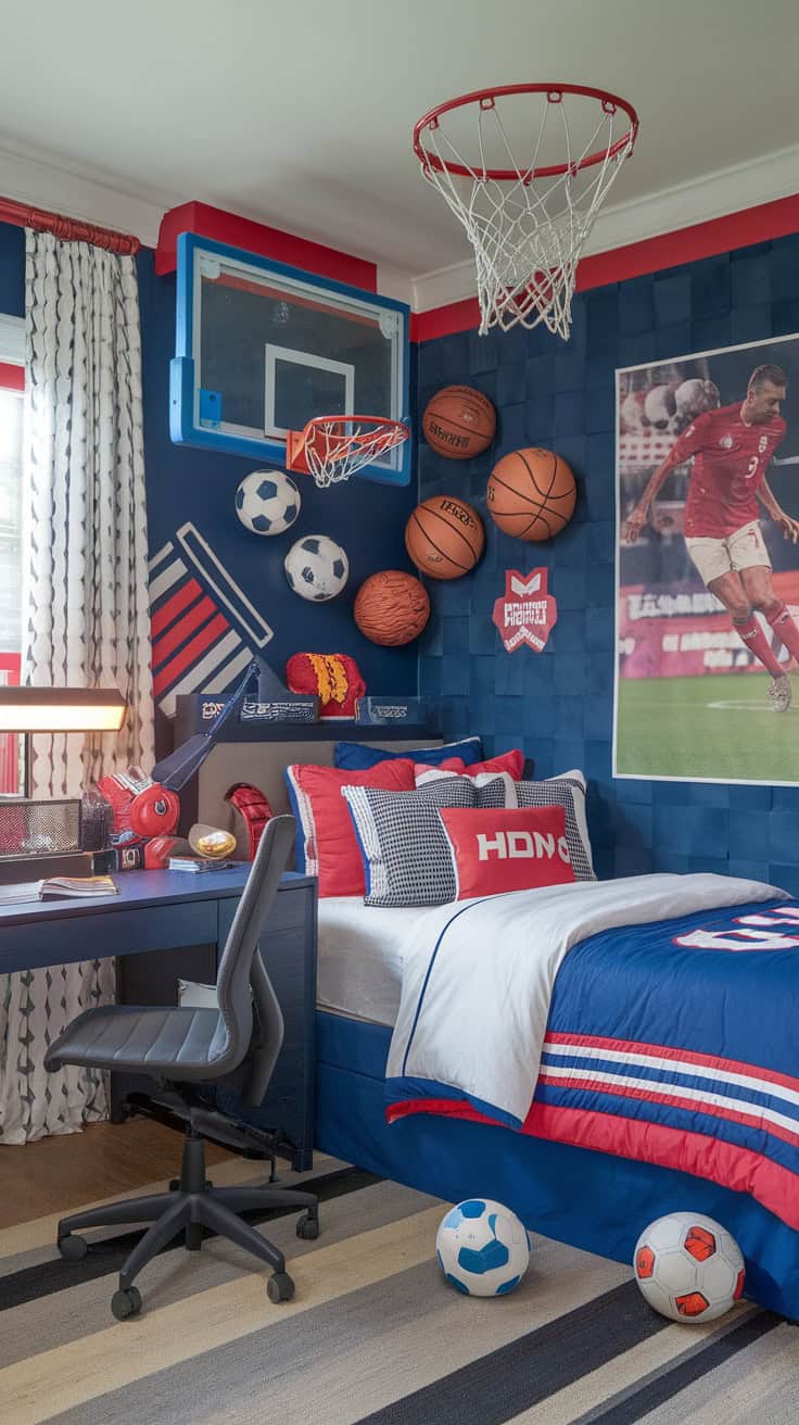 A sporty teen bedroom with basketball and soccer decor, featuring a basketball hoop and colorful bedding.