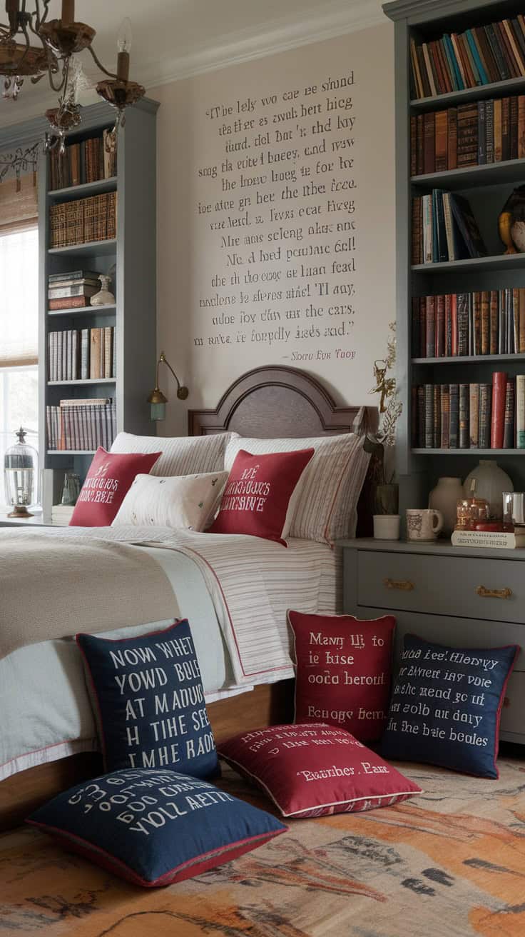 A cozy bedroom featuring story-themed pillows and bookshelves