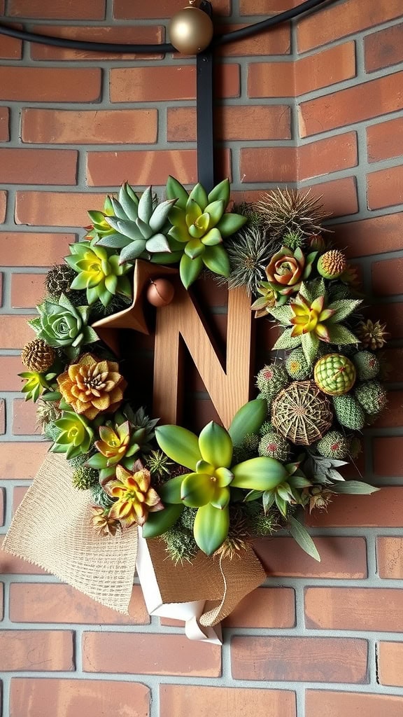 A succulent wreath featuring different types of green plants and an initial letter.