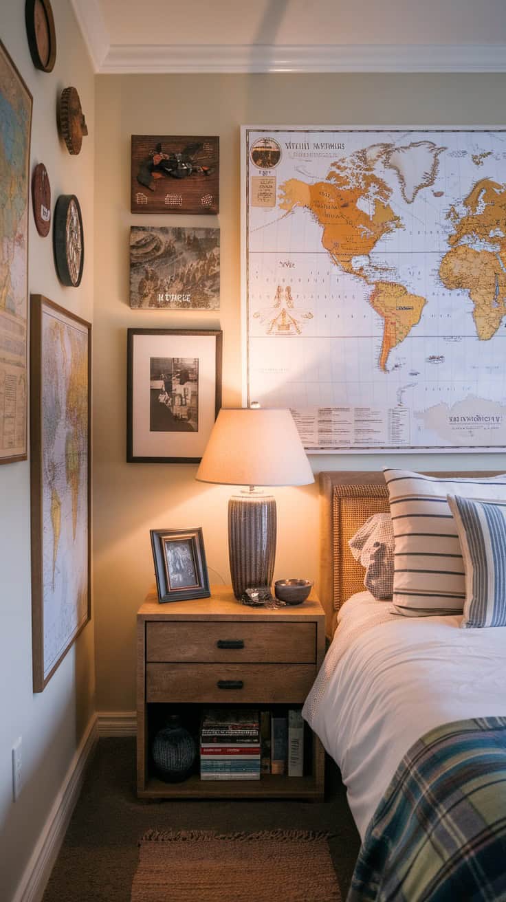 A cozy bedroom with a world map and travel-themed decorations.