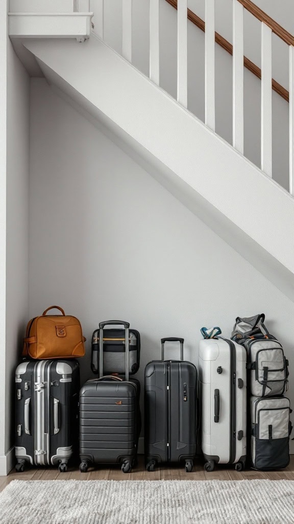 A neatly organized collection of travel luggage and bags stored under a staircase.