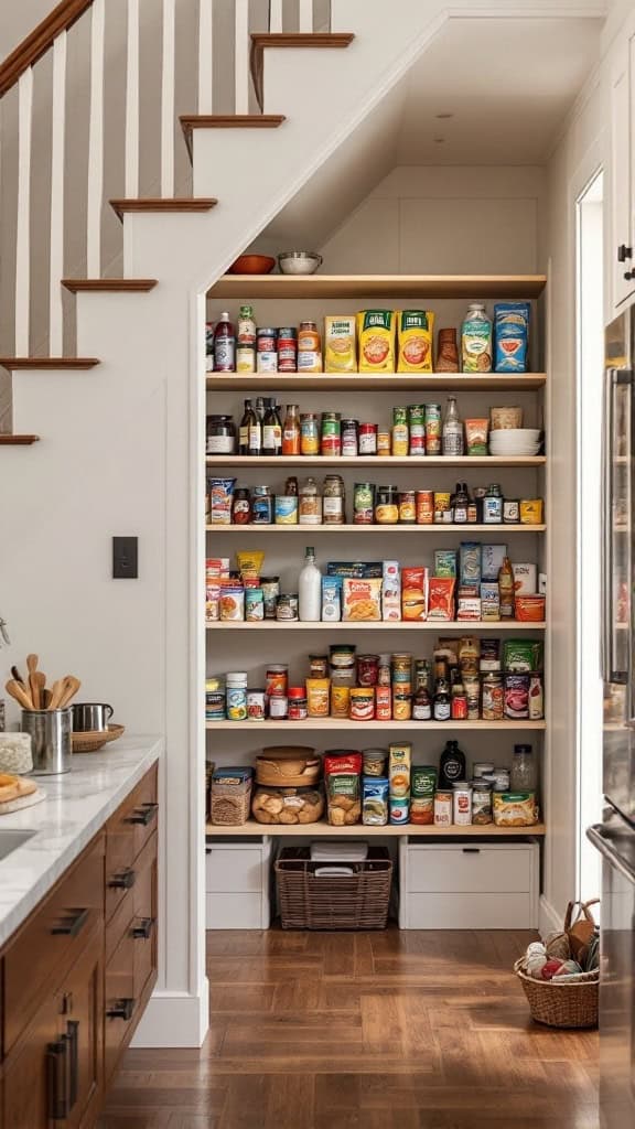 Under-stair pantry with shelves organized with various food items.
