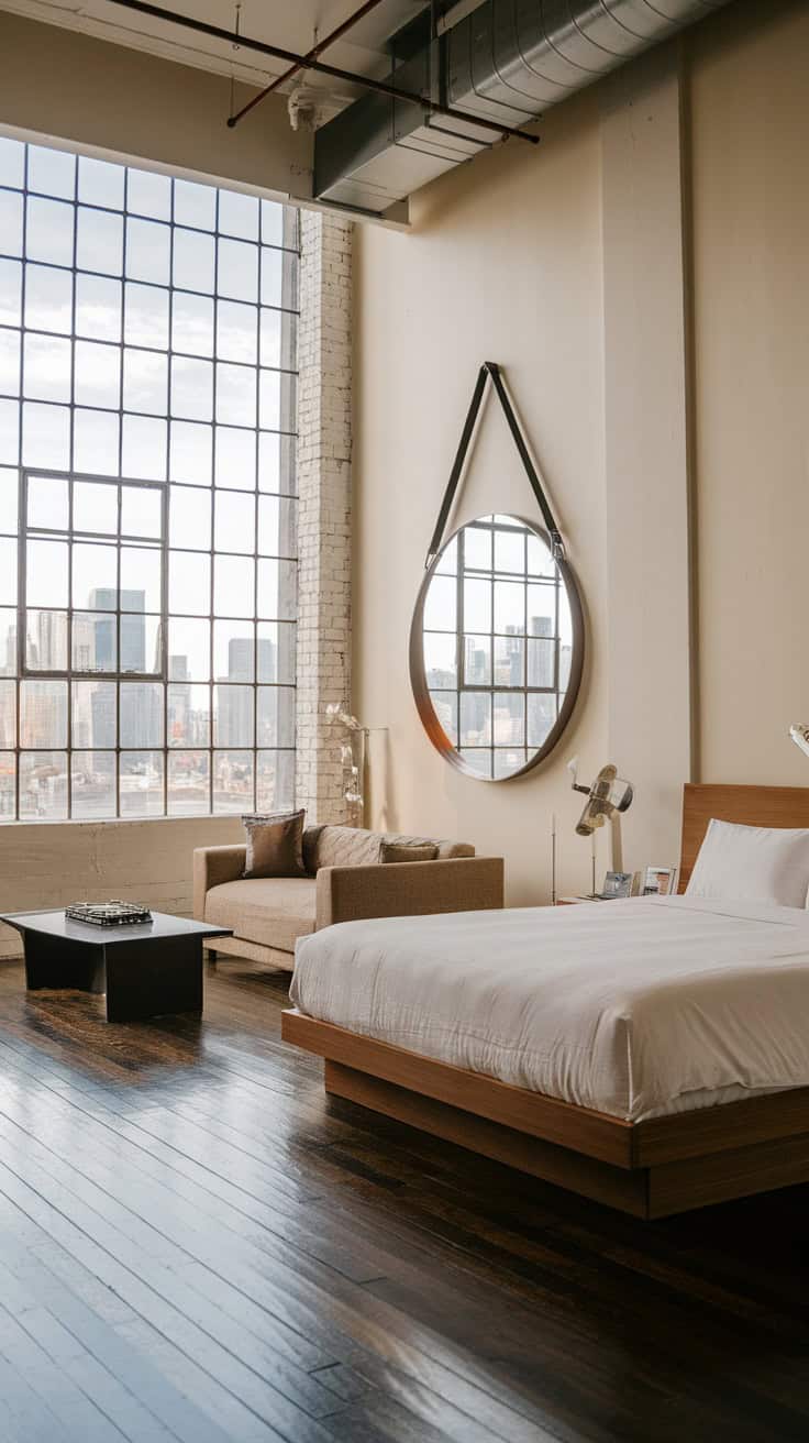 A stylish urban bedroom with large windows, a cozy couch, and modern decor.