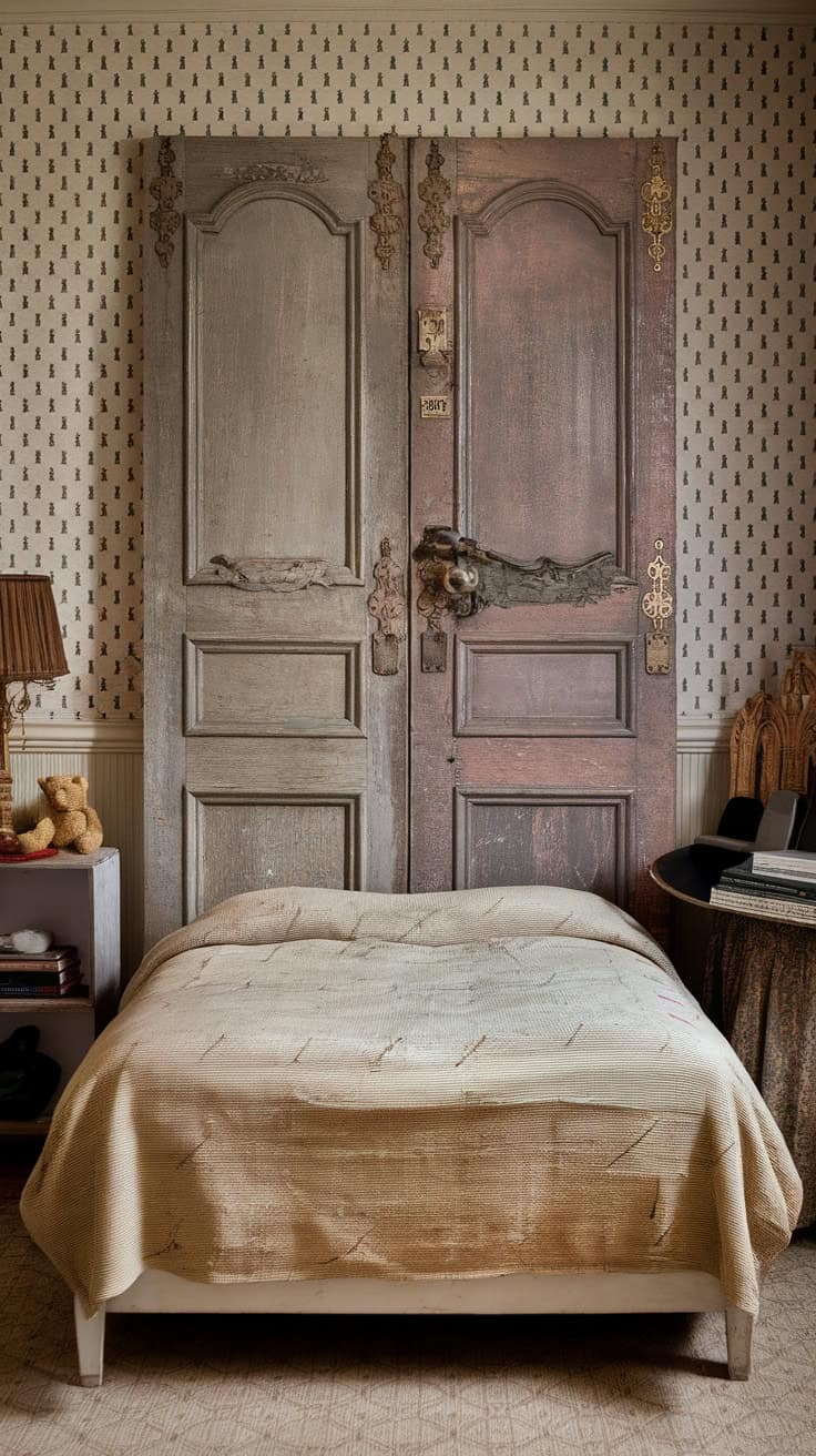 A vintage door headboard behind a bed, featuring two doors with aged paint and decorative hardware.