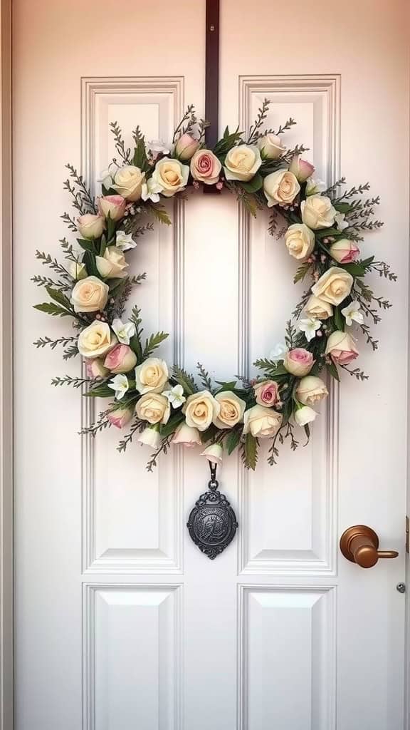A vintage floral wreath with soft-colored roses and greenery on a white door.