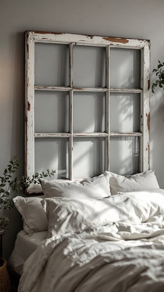 A vintage window frame serving as a headboard for a cozy bed, surrounded by soft white bedding and plants.