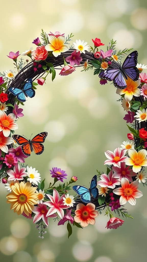 A whimsical spring wreath featuring colorful flowers and butterflies.