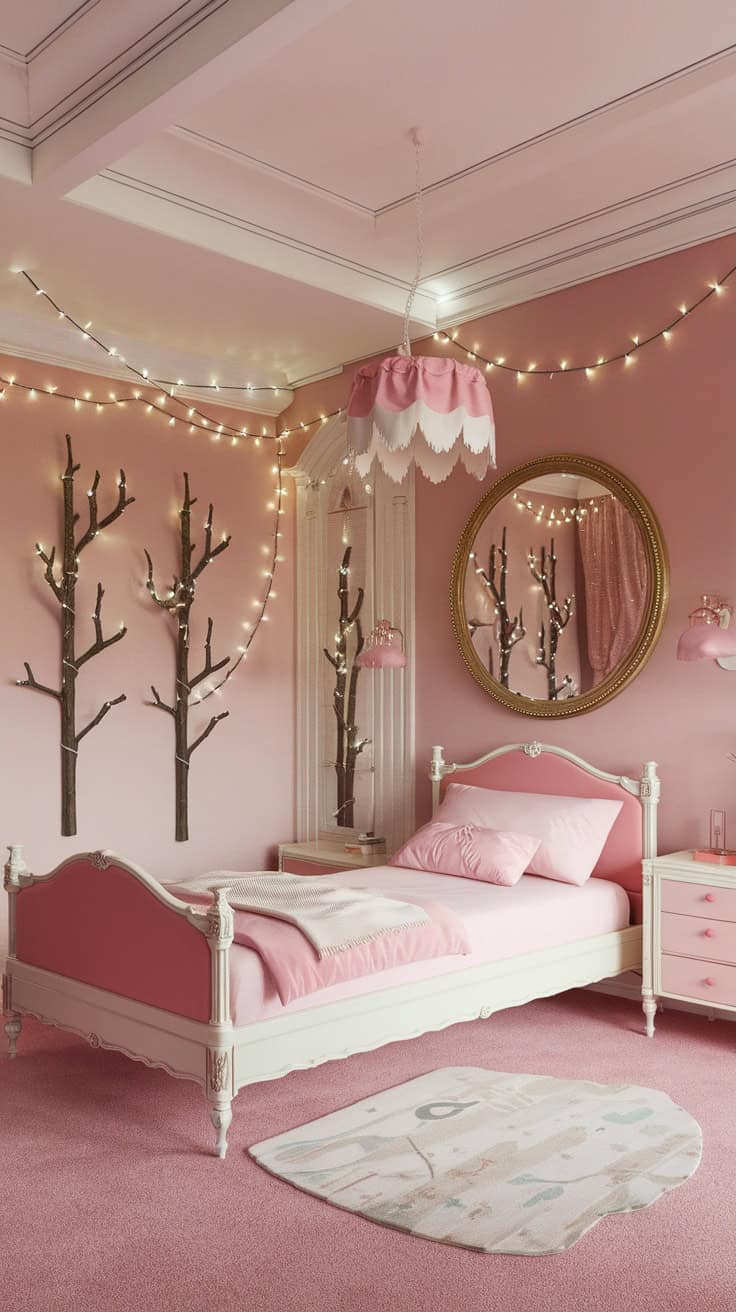 Whimsical teen bedroom with pink decor, fairy lights, and tree-like wall art.