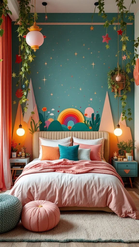 A colorful whimsical fantasy bedroom with a vibrant wall mural featuring a rainbow and plants.