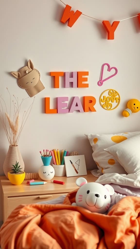 Colorful bedside table with playful decor and accessories.