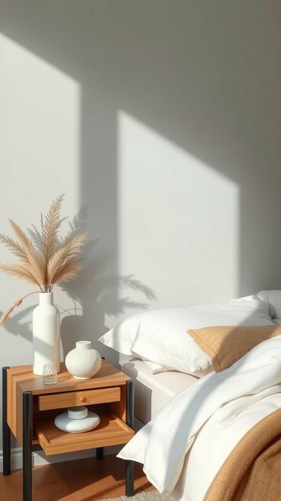A minimalist bedside table arrangement featuring calm colors and natural decor, creating a tranquil bedroom atmosphere.