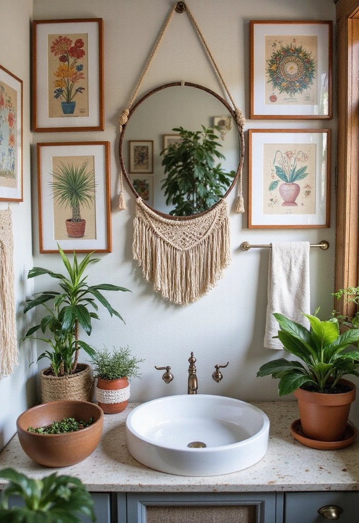 25 Creative Boho Bathroom Designs That Will Blow Your Mind! (Check Out #11!) - 5. Artistic Wall Decor for a Unique Touch