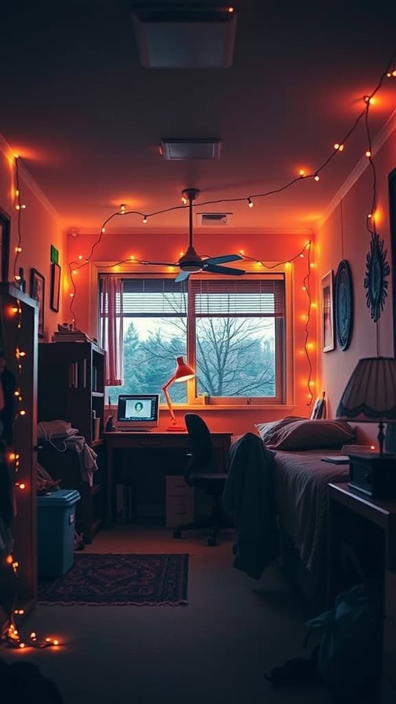 A cozy dorm room decorated with warm fairy lights.