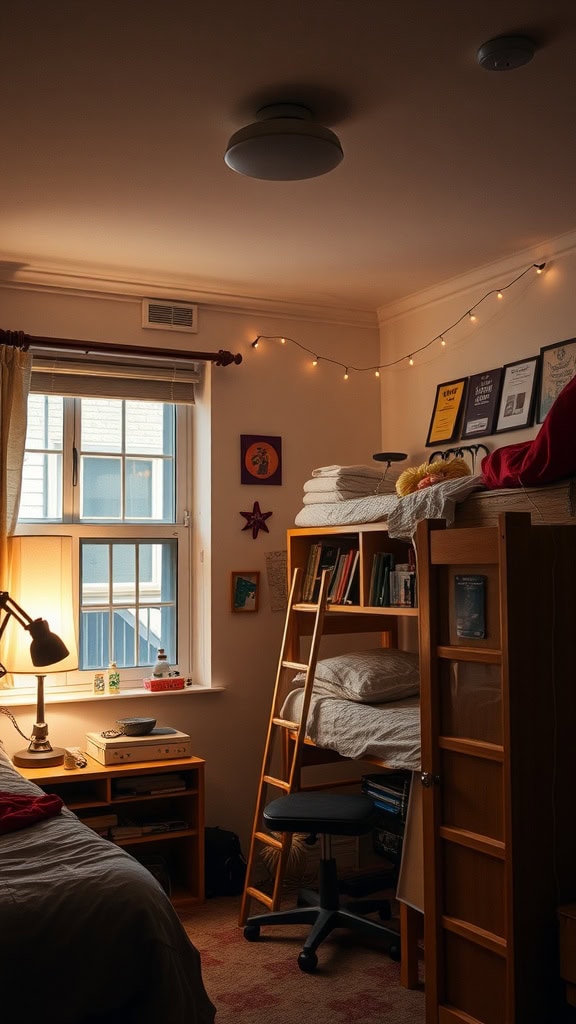 A dorm room with layered lighting, featuring a desk lamp and string lights.