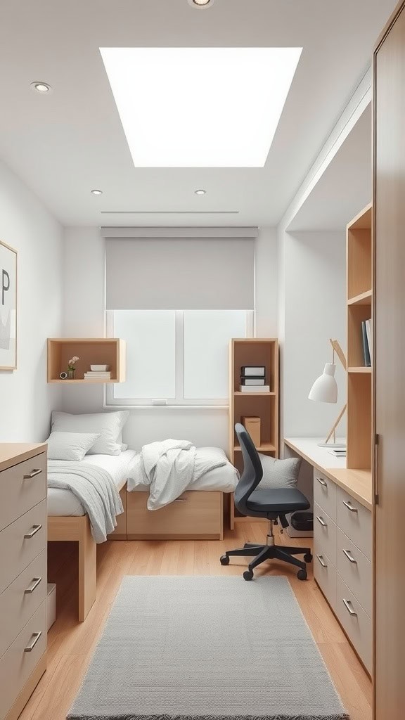 A minimalist dorm room with two beds, a desk, and natural light.