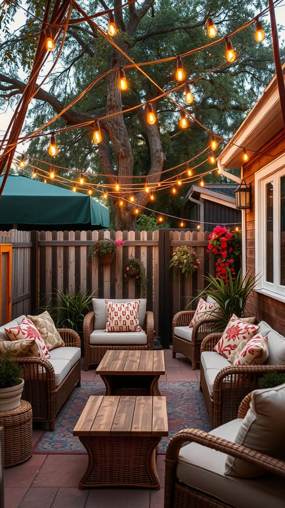 A cozy outdoor lounge area with comfortable seating, warm string lights, and decorative plants.